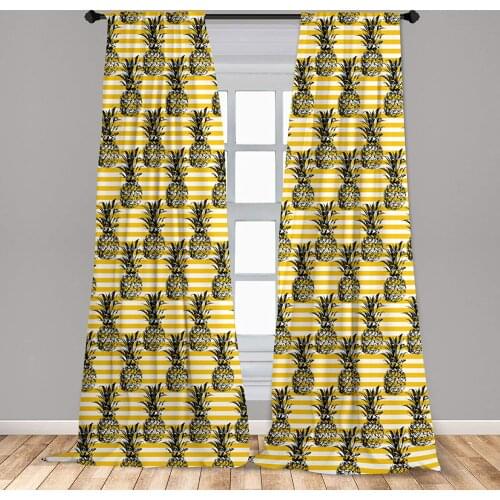 Mustard Curtain Tropical Pineapples Over Horizontal Striped Yellow Lines Fresh Fruit Humor Design Window Curtain Living Room