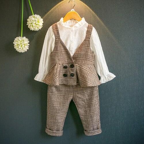 2pcs kids clothes for girl vest+wide leg pants children clothing plaid england girls clothing sets roupas infantis menina