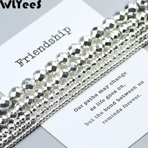 WLYeeS Faceted Round natural Hematite stone plating Silver Ball 2 4 5 6 8 10mm Loose beads for jewelry Necklace bracelet Making
