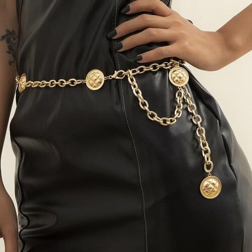 Personality Retro Punk Geometric Long Tassel Cross Chain Waist Chain Gold Metal Alloy Round Label Body Chain Jewelry Accessories