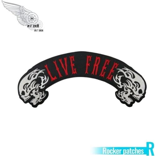 Live Free Skull Sign Patches Embroidered Iron On Back of Jacket Patch Black twill fabric Free Shipping DIY Customized Design