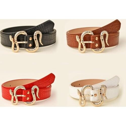 Fashion Womens PU Imitation Crocodile Leather Belt Metal S Snake-Shaped Buckle Strap All-Match Trend Decoration Jeans Waistband