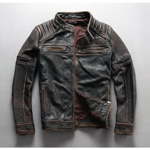 Men Genuine Leather Jackets Motorcycle Jacket 100% Cowhide Leather Coat Biker Jacket Moto Clothing