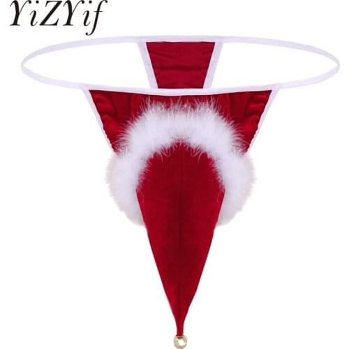 Mens Lingerie Velvet Santa Hat Christmas Bikini Thong Underwear Holiday Fancy Cosplay G-string Thong Underwear with Small Bell