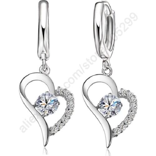 Crystal Cubic Zirconia Fine Jewellery Set 925 Sterling Silver Real Pure Heart Pendant Leverback Earrings Drop Accesory