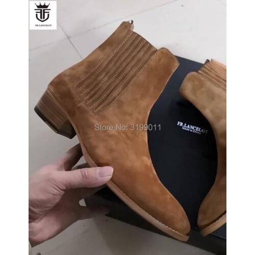 FR.LANCELOT 2020 new fashion men suede leather bootsslip on Chelsea boots party shoes male point toe western booties 5cm