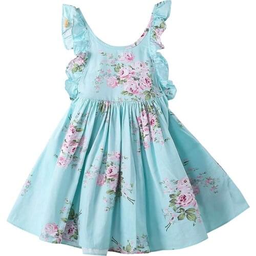 Girls Dress For Kids Sling Vest Blue Pink Flower A-line Elegant Wedding Party Children Princess Size 4 5 6 7 8 Years Old Summer