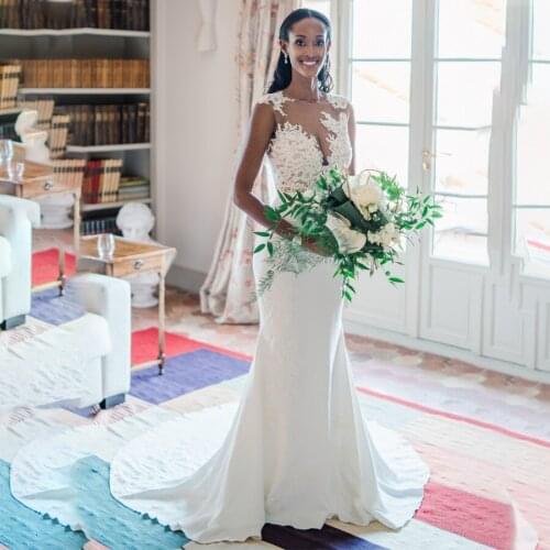 Sheer Bodice with Lace Applique Mermaid Soft Stretch Satin Wedding Dress Simple Style Bridal Dress vestido de noiva barato