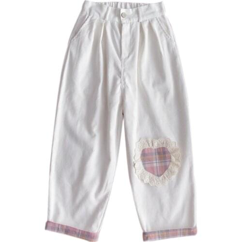 Kawaii Straight Pants Girls Love Heart Patch Corduroy Pants Loose Harajuku Wild Cute Soft Sister Casual Pants