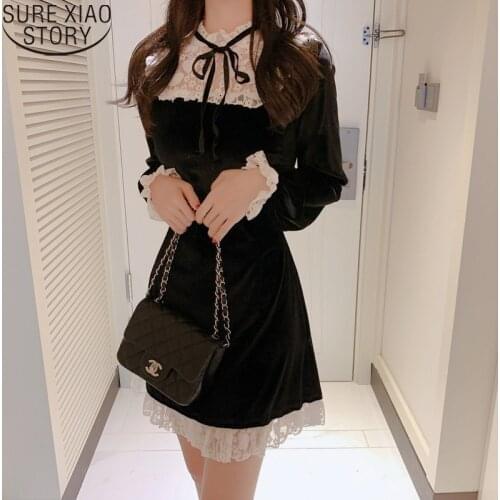 Christmas Party Dresses Women Lace Dress Korean Mini Black Dress 2021 Velvet Long Sleeve Vestido Casual Fashion Clothes 12261