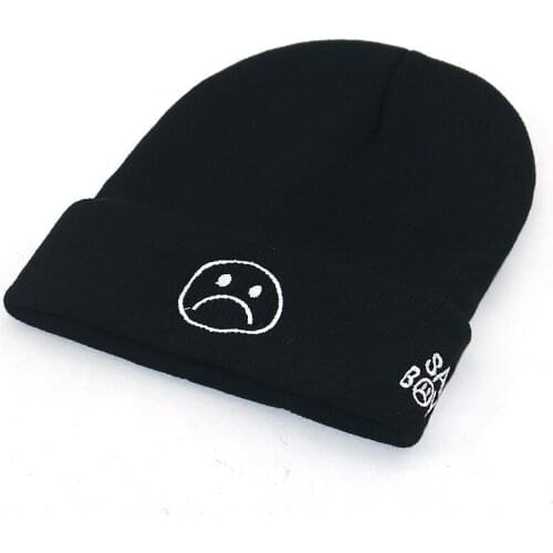 Unisex fashion winter hats embroidery sad boy face hat cotton flexible black knitted beanie cap hip hop ski caps Panama