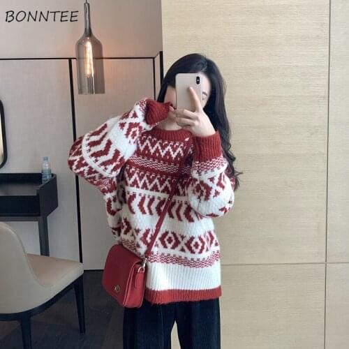 Sweaters Women Retro Ladies Lazy Knitting Korean Style Christmas Autumn All-match Patchwork Loose Stylish Pullovers Red Thicker