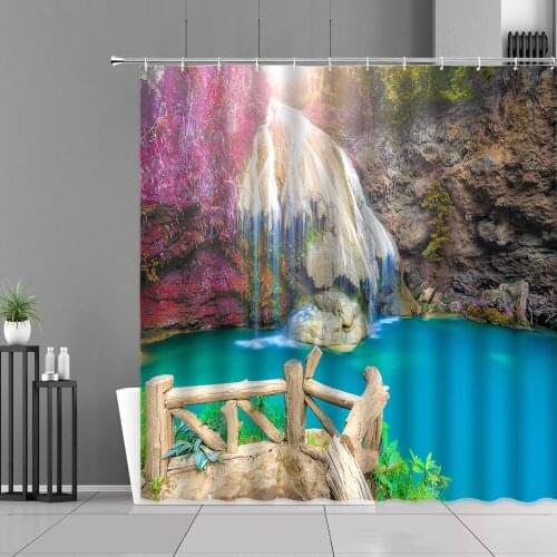 Waterfall Landscape Shower Curtain Lake Wooden Bridge Flowers Plant Tree Spring Scenery Bathroom Decor Curtains Waterproof Cloth