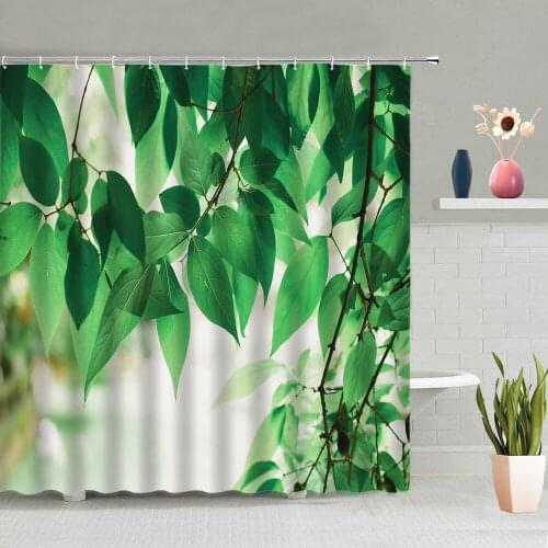 Plant Shower Curtain Green Leaf Flower Simple Decorative Screen Bathing Curtains Polyester Fabric Washable With Hook Home Decor
