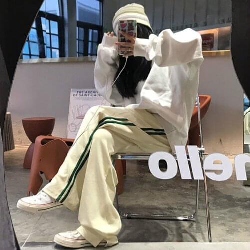 Women Casual Pants Fashion Preppy Style Elastic High Waist Loose Wide-Leg Trousers Full-length Side Stripe Street Wear College