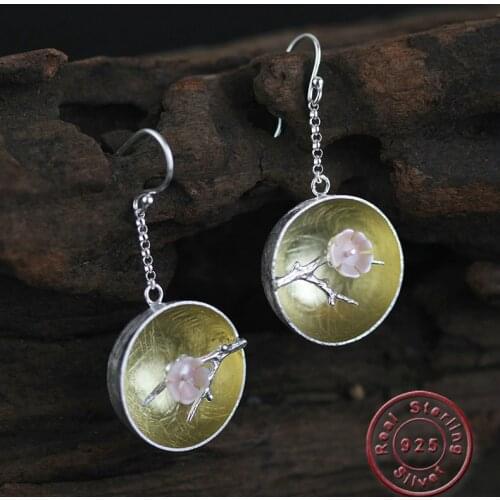 Amxiu Real 925 Sterling Silver Natural Shell Handmade Fine Jewelry The Aroma of Wintersweet Dangle Earrings for Women Brincos