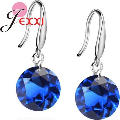 Genuine 925 Sterling Silver Drop Earrings 8 Colors Round Cubic Zirconia Fashion Women Dangle Brincos Wedding Jewelry