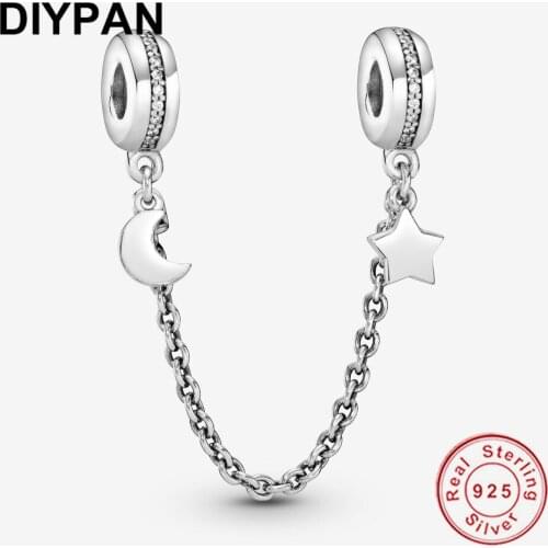 Fit Original Pandora Bracelet Charm 925 Sterling Silver Half Moon & Star Safety Chain Charm Women Jewelry Berloque