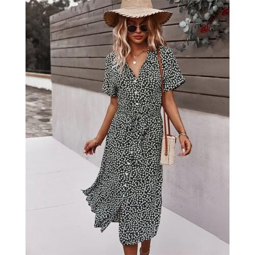 2021 Spring New Bandage Dress Women Casual Short Sleeve Button Floral Print Dress For Woman Summer Holiday Style Dress