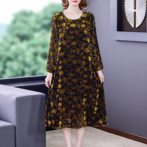 Women Velvet Floral Vintage 5XL Plus Size Midi Dress 2021 Casual Office Lady Dress Spring Autumn Korean Bodycon Elegant Vestidos