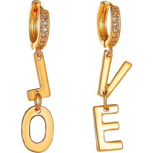 Golden Asymmetric LOVE Bling Starry Clear Crystal Hollow Circle Sleeper Copper Drop Earrings Dangle Earrings For Women