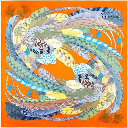 2021 Fashion Feather Design Square Scarf 35.5in Handmade curled silk scarf womens twill Shawl Yellow Hair Wrapping Headscarf