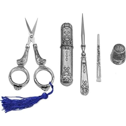5pcs/Set Embroidery Scissors and Case Complete Vintage Sewing Tools with Sewing Needle Case Awl Finger Cot for Sewing