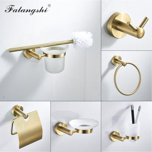 Falangshi Bathroom Accessories Robe Hooks Towel Ring Toilet Brush Holder Soap Dish Bathroom Hardware Set Gold Brushed WB8834