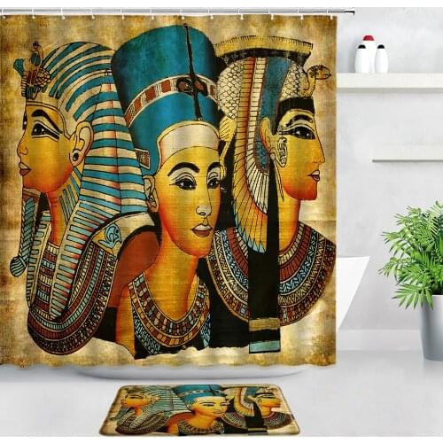 Ancient Egyptian Woman Shower Curtains And Bath Mat Retro Ethnic Style Design Wall Decor Cloth Bathroom Carpet Non-slip Door Pad