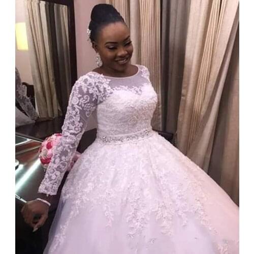 Long Sleeve Ball Gown Scoop Floral Wedding Dress With Rhinestone Bridal Puffy Tulle Bride