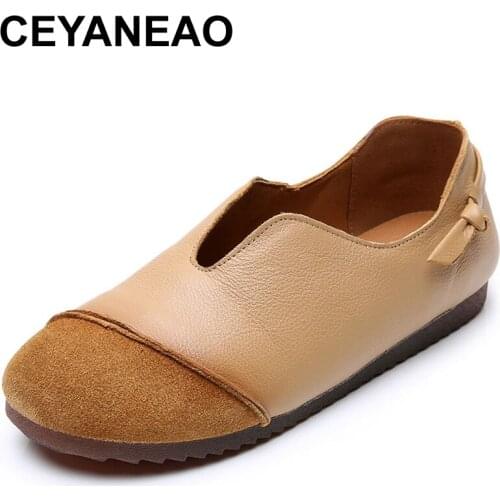 CEYANEAO New; shoes with flat sole made of genuine leather in retro style; shoes for pregnant women; driving shoes
