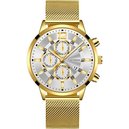 Mens Fashion Watch Gold Stainless Steel Mesh Belt Calendar Quartz Sport Watches Creativity Casual Watch Man Clock Montre Homme