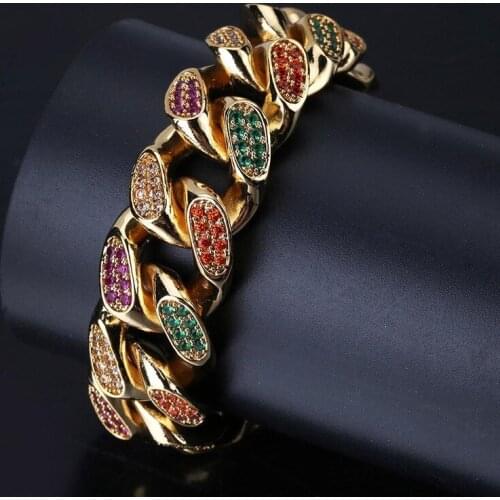 Color Mens Zircon Curb Cuban Link Bracelet Hip Hop Jewelry Gold and Silver Thick Copper Material Chain Bracelet 7 / 8 Inches