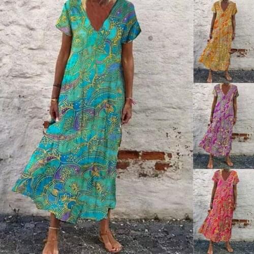 Long Dress Women Print Floral V Neck Loose Plus Maxi Size Short Sleeve Beach Beach Summer Clothes Vestido De Mujer Vestidos