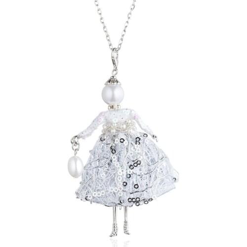 White Sequin Long Dress With Pearl Bag Doll Pendant Necklaces For Women Silver Long Chain Sweater Collares Handmade Maxi Jewelry