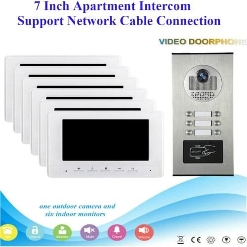 SmartYIBA 7"Apartment Video Call Doorbell Doorphone Network Cable Connect Video Intercom RFID Camera For 2 to 6 Units Rooms