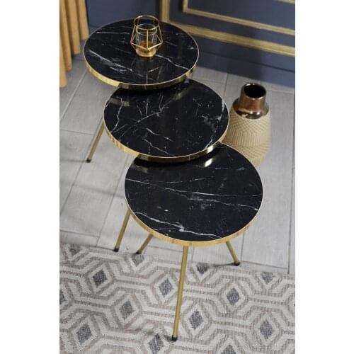 Elegant Triple Nesting Table Round Design Coffee Metal Gold Chrome Leg Decorative Stylish Sofa Living Room Modern Marble Pattern
