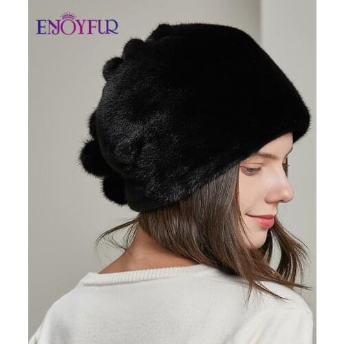 ENJOYFUR Women Winter Whole Mink Fur Hats Fashion Fur Pompom Girl Brimless Bonnet Warm Quality Elastic Female New Gorro Beanie