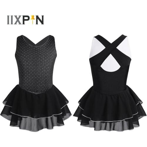 IIXPIN Girls Ice Figure Skating Dress Sleeveless Criss-cross Cutout Back Ruffled Tiered Skating Gymnastics Leotard Ballet Dress