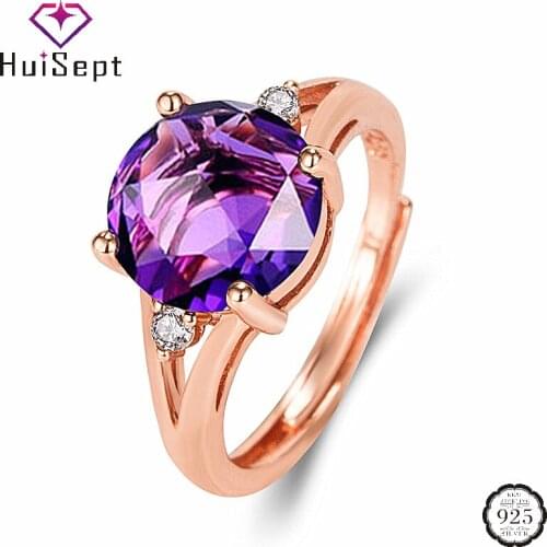 HuiSept 925 Silver Jewelry Rings Round Amethyst Zircon Gemstone Open Finger Ring for Women Wedding Engagement Party Accessories