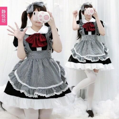 Halloween Costume Lolita Full Set Maid Costume Japanese Chef Daily Black and White Plaid Maid Lolita Dress goth lolita