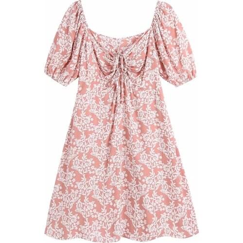 Summer Dress Fashion Floral Print Drawstring Pleated Short Sleeve Mini Dress Summer Casual Holiday Chic Vestidos Mujer 2021