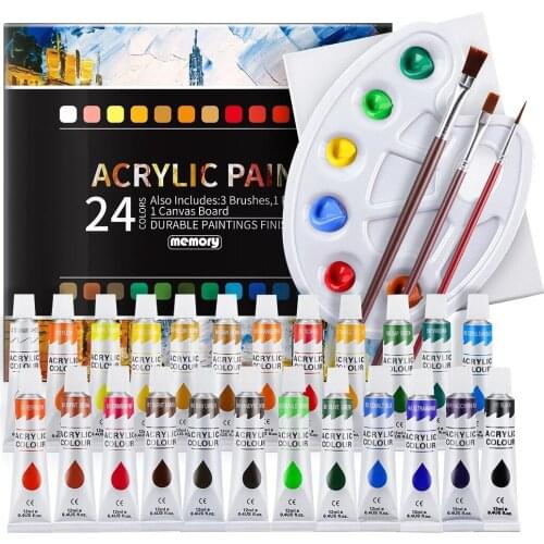 24 Colors Acrylic Paints Set for Fabrics Painting Clothing Pigments - Include 3 Brushes 1 Palette & 1 Canvas