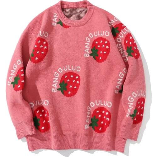LACIBLE Harajuku Sweater Pullover Fruit Pattern Knitted Sweater Strawberry Print Streetwear Unisex O-Neck Pullover Pink Japanese