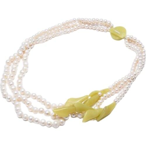 GuaiGuai Jewelry Natural White Pearl Yellow Jade Topaz Flower Necklace 20" Handmade For Women