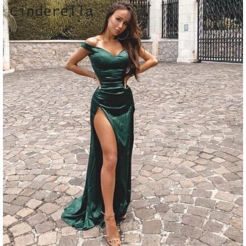 Cinderella Green Off The Shoulder Evening Dresses Deep V-Neck Sleeveless Zipper Back A-Line Side Slit Silk Satin Evening Dresses
