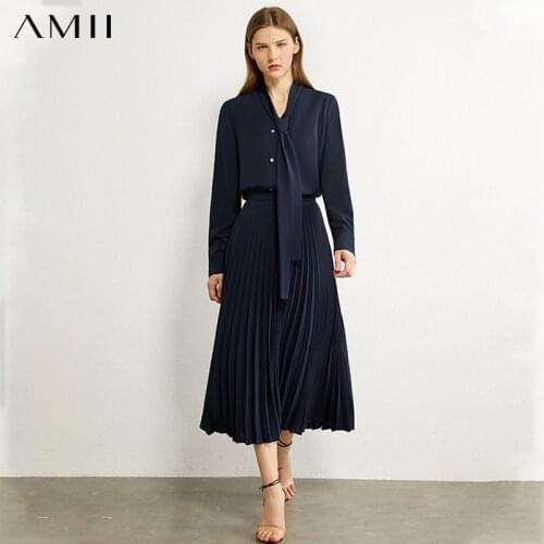 AMII Minimalism Autumn Olstyle Set Fashion Bow Neck Full Sleeve Loose Women Shirt High Waist Pleated Female Skirt 12040337