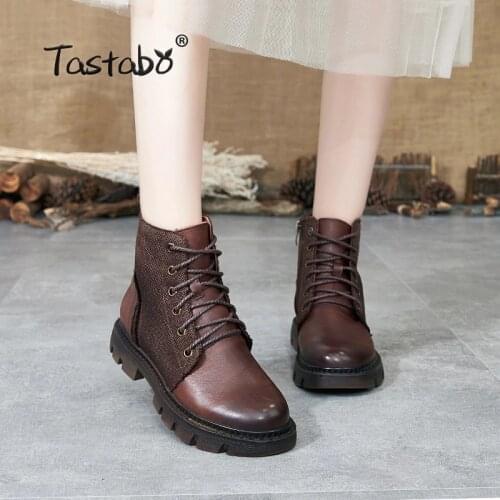 Tastabo 2019 autumn and winter booties Handmade vintage Martin boots Wearable womens shoes S8026-1 Dark blue Brown Caramel