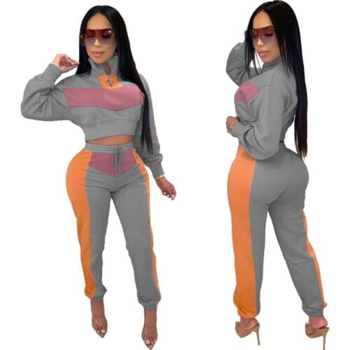 Contrasting Color Tracksuit Women Two Piece Set Autumn Winter Clothing Long Sleeve Crop Top and Pants Suits Casual Womens Sets