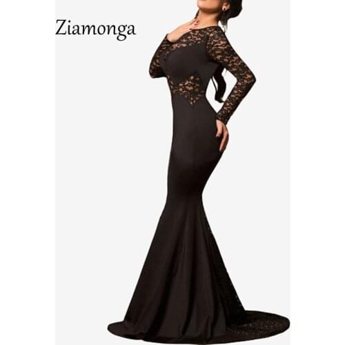 Ziamonga Runway Lace Dress Black Long Sleeve Mermaid Wedding Party Dresses Formal Gowns 2017 Sexy Long Evening Party Women Dress
